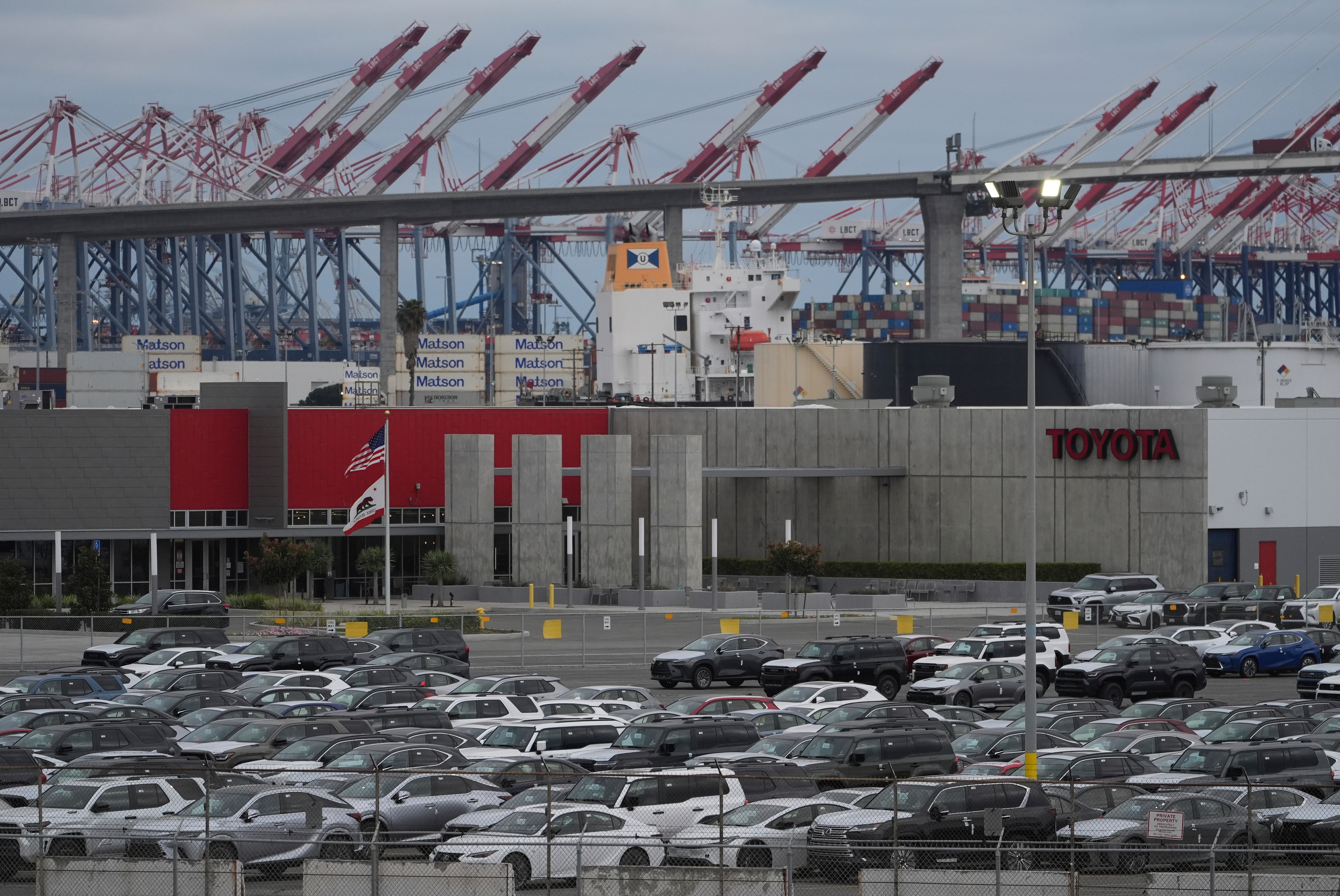 New Toyota vehicles are stored at the Toyota Logistics Service, their most significant vehicle imports processing facility in North America, at the Port of Long Beach in Long Beach, Calif., Wednesday, March 26, 2025.