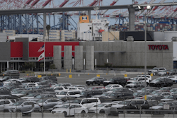 New Toyota vehicles are stored at the Toyota Logistics Service, their most significant vehicle imports processing facility in North America, at the Port of Long Beach in Long Beach, Calif., Wednesday, March 26, 2025.