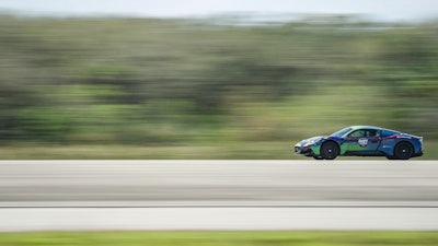 Indy Autonomous Challenge Maserati MC20 with AI-Driver from Politecnico di Milano setting the autonomous land speed record at the Kennedy Space Center.