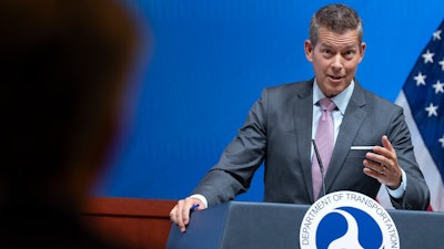 Transportation Secretary Sean Duffy speaks during a news conference, March 11, 2025, at the Department of Transportation in Washington.