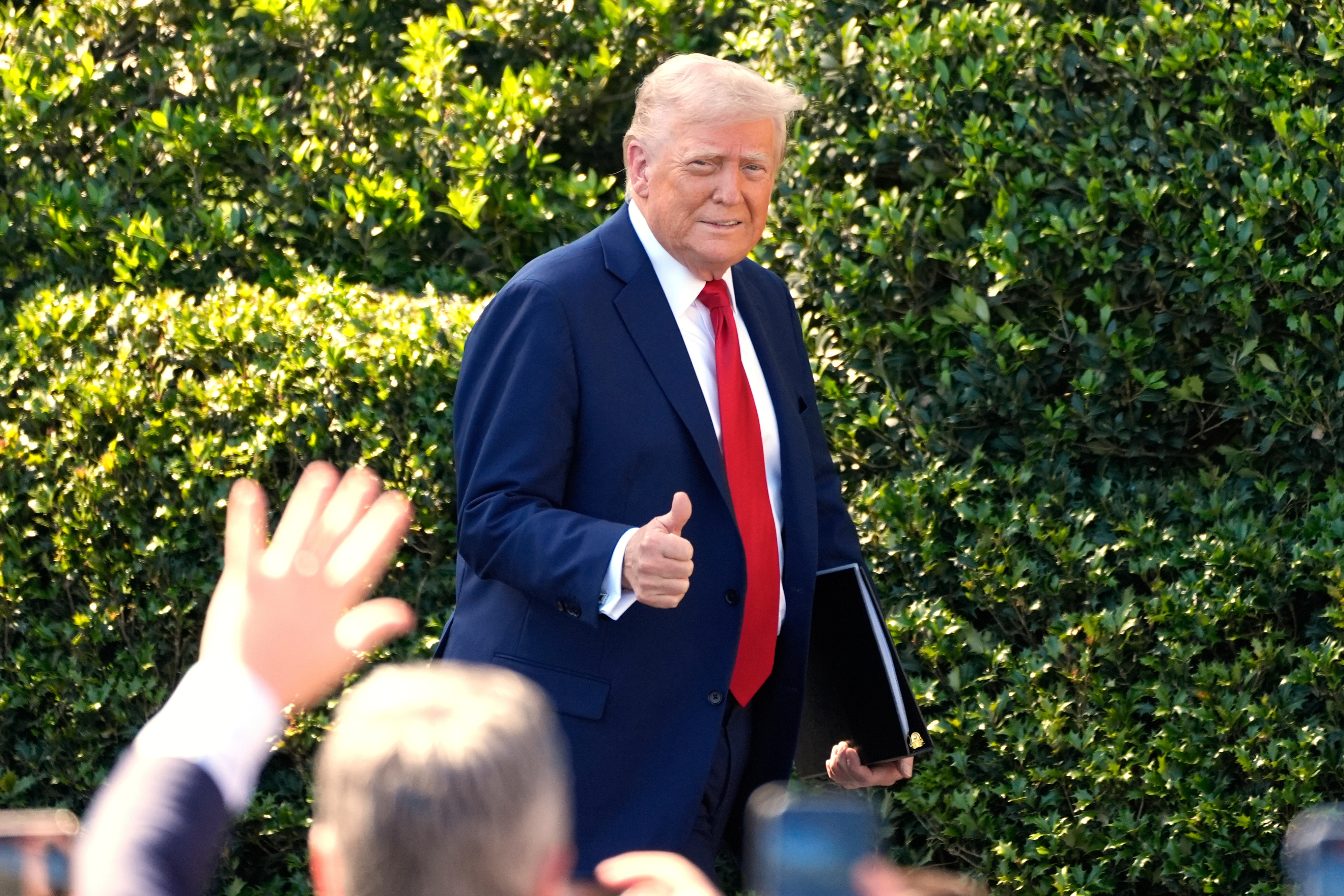 President Donald Trump arrives to welcome the Super Bowl champion Philadelphia Eagles NFL football team to the South Lawn of the White House, Monday, April 28, 2025, in Washington.