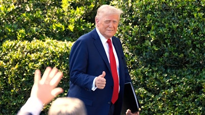 President Donald Trump arrives to welcome the Super Bowl champion Philadelphia Eagles NFL football team to the South Lawn of the White House, Monday, April 28, 2025, in Washington.
