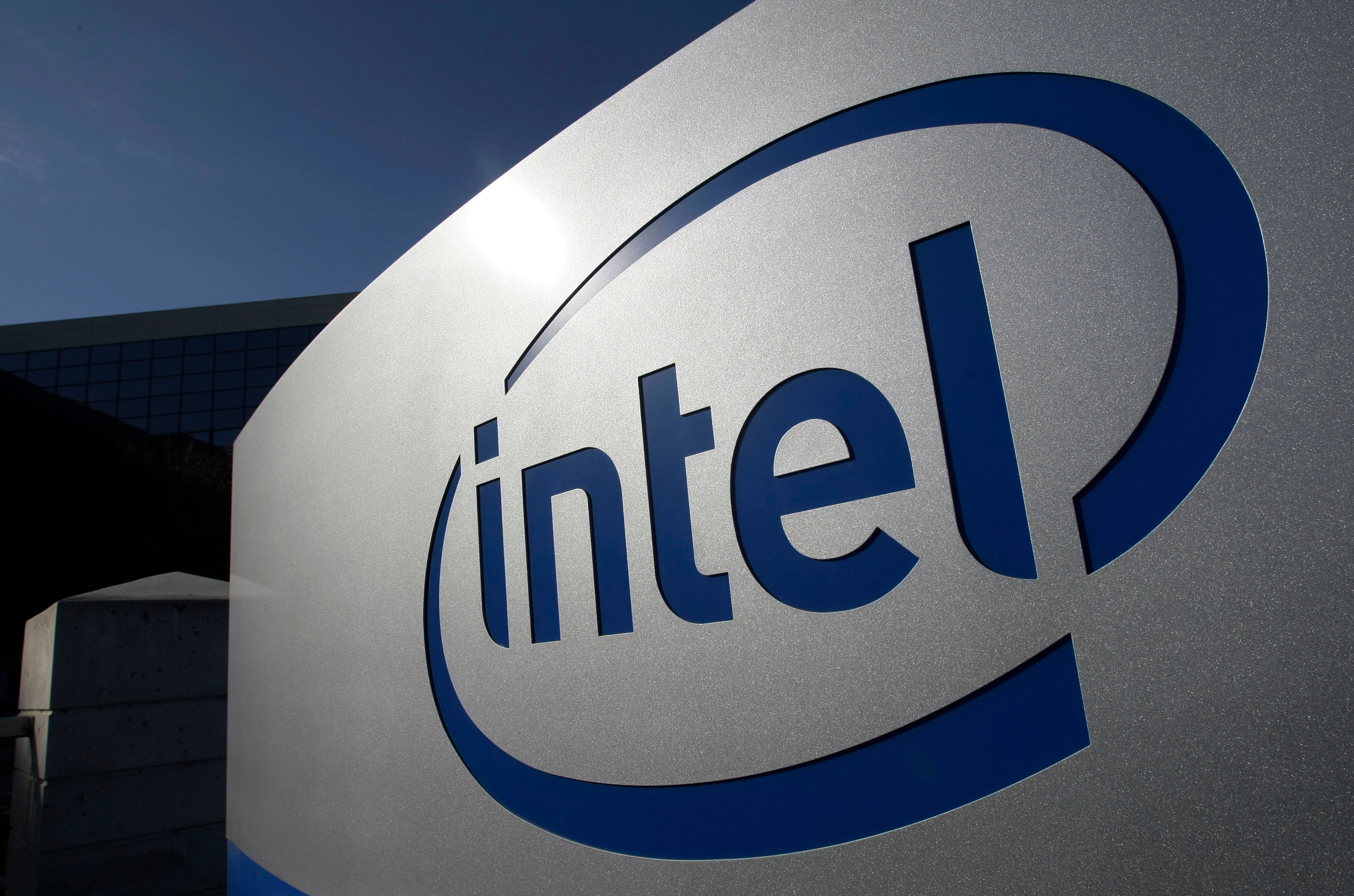 The Intel logo is displayed on the exterior of Intel headquarters in Santa Clara, Calif., Jan. 12, 2011.