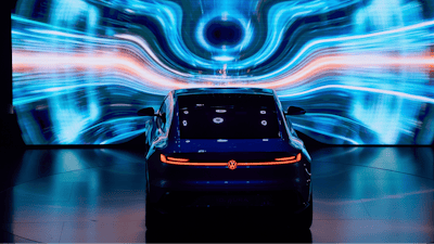 A concept car is shown during the Volkswagen Group media night ahead of the Auto Show in Shanghai, Tuesday, April 22, 2025.
