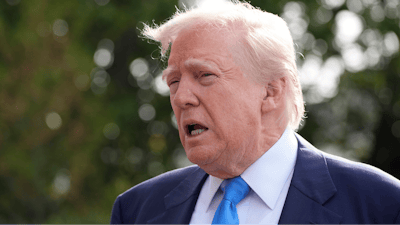 President Donald Trump speaks with reporters as he and first lady Melania Trump depart on Marine One from the South Lawn of the White House, Friday, April 25, 2025, in Washington.