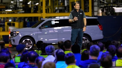 Jim Farley, President and Chief Executive Officer of Ford, speaks at the Ford Motor Company Kentucky Truck Plant to launch the 2025 Ford Expedition, Wednesday, April 30, 2025, in Louisville, Ky.