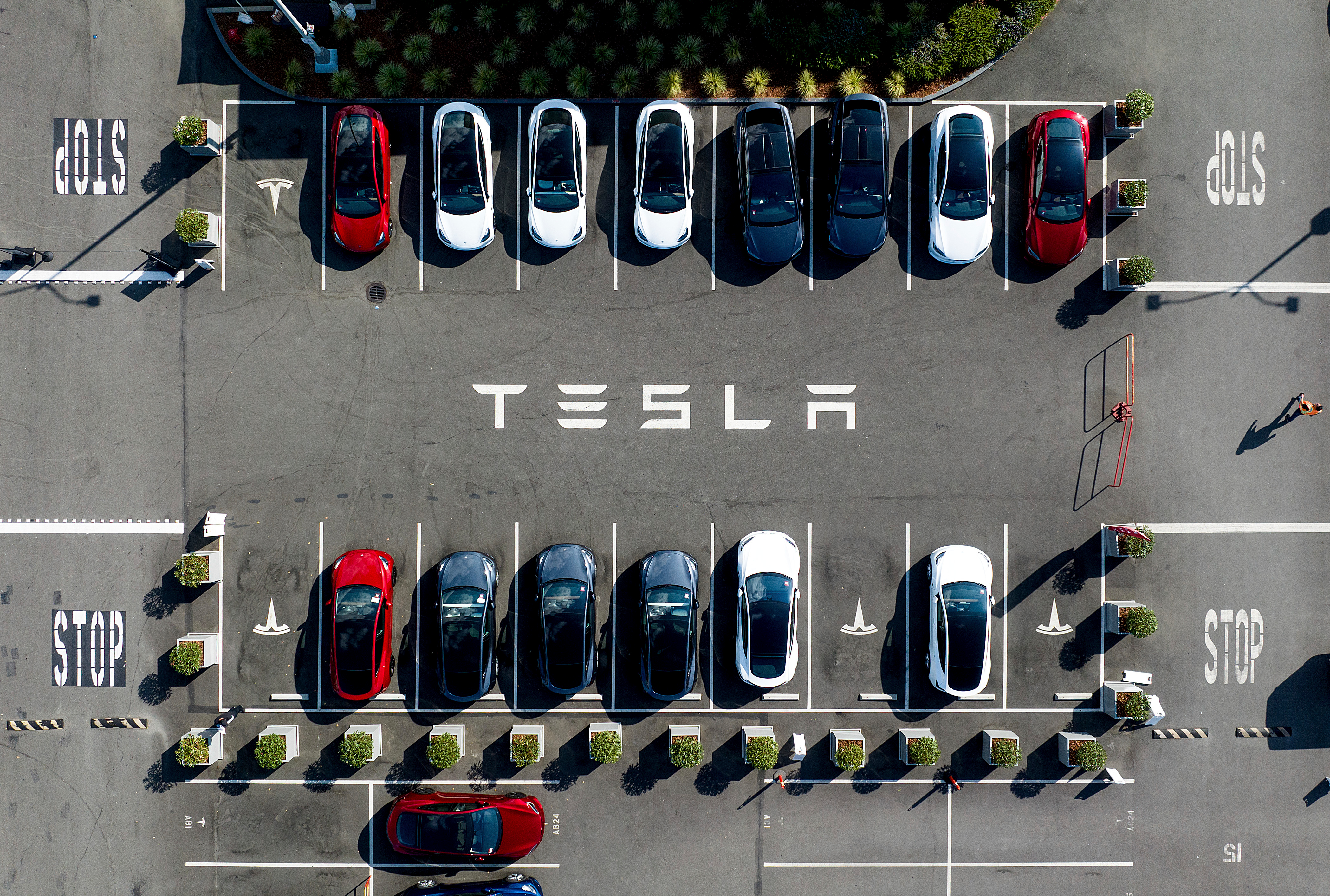 Tesla vehicles line a parking lot at the company's Fremont, Calif., factory on Sept. 18, 2023.