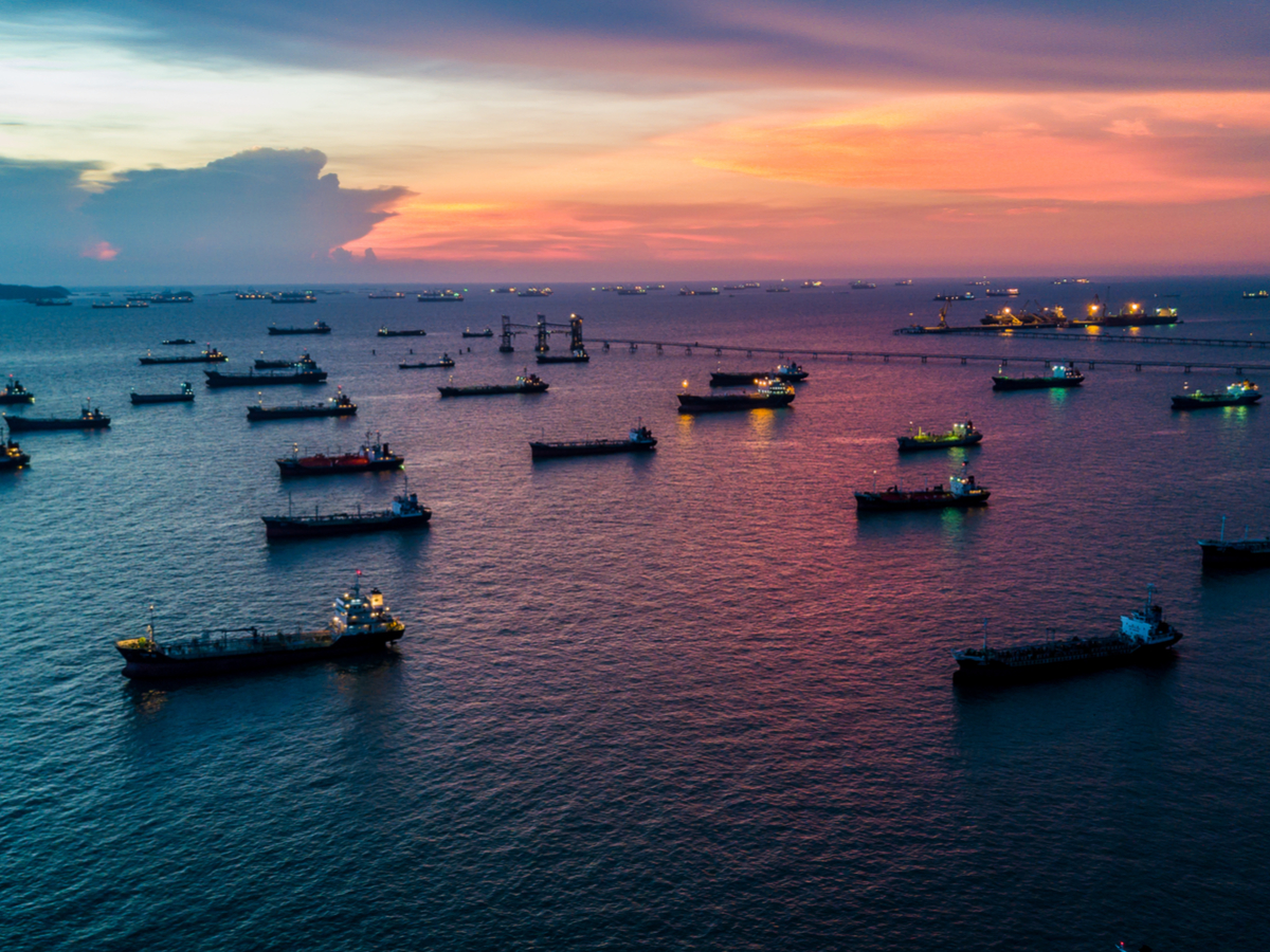 An aerial view of oil tankers at sea. Photo: Shutterstock.