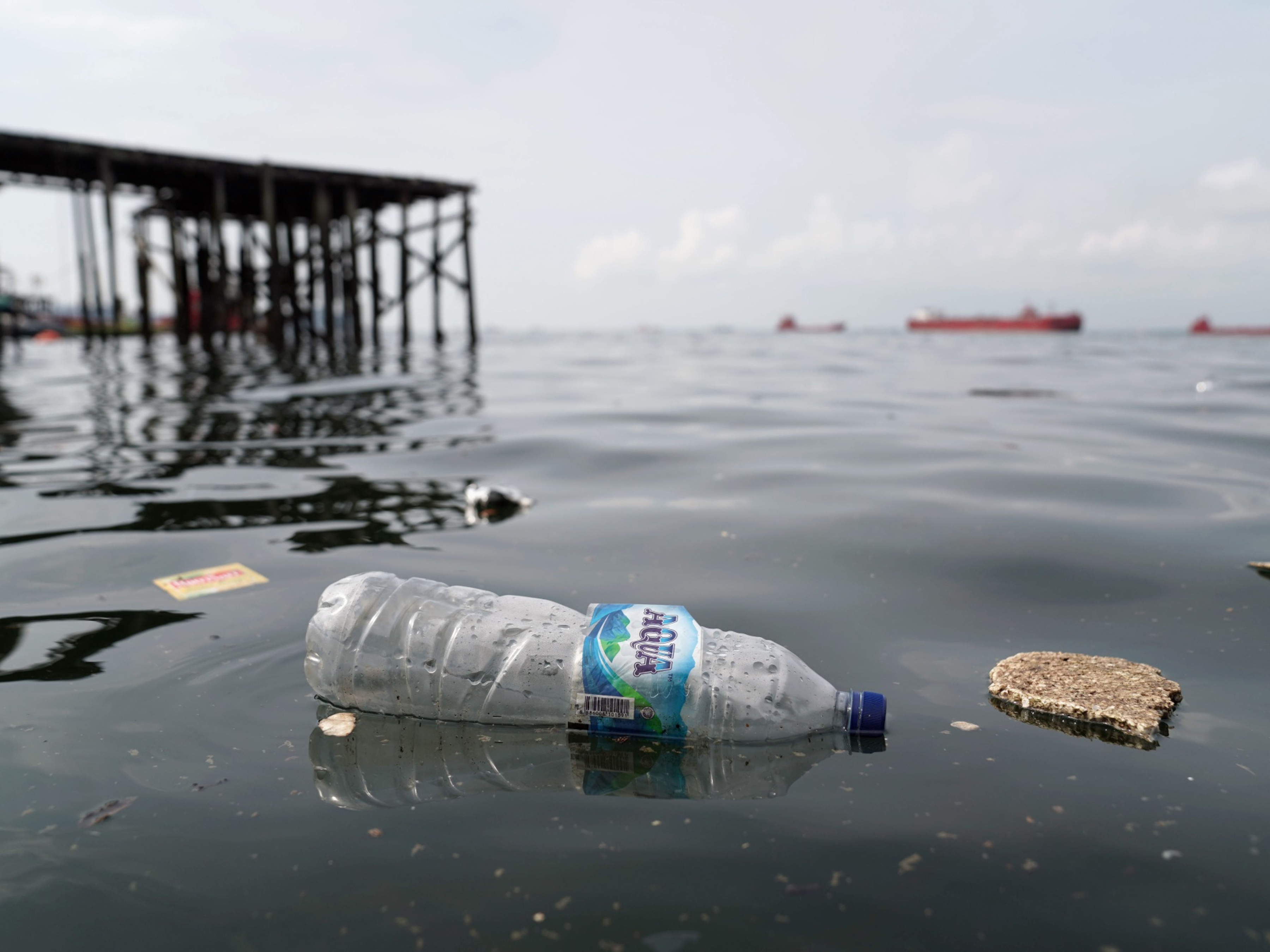 A plastic water bottle floats near the port city of Balikpapan in Indonesia. Photo: Bloomberg.