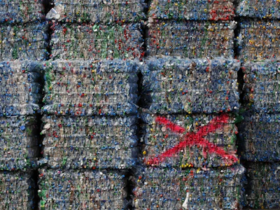 Crushed plastic bottles and containers sit bound in a bale ready to be recycled. Photo: Getty.