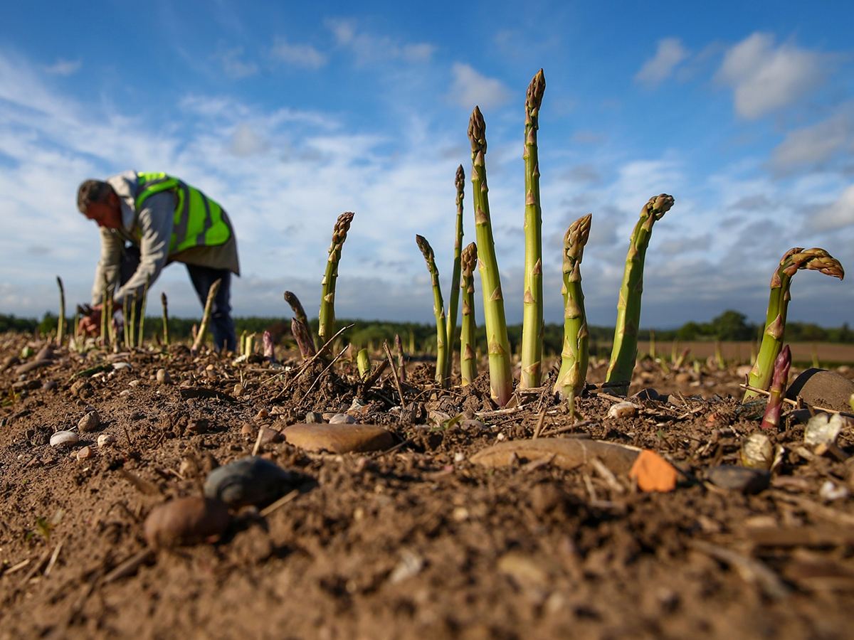 A farm worker harvests asparagus. Photo: Bloomberg.