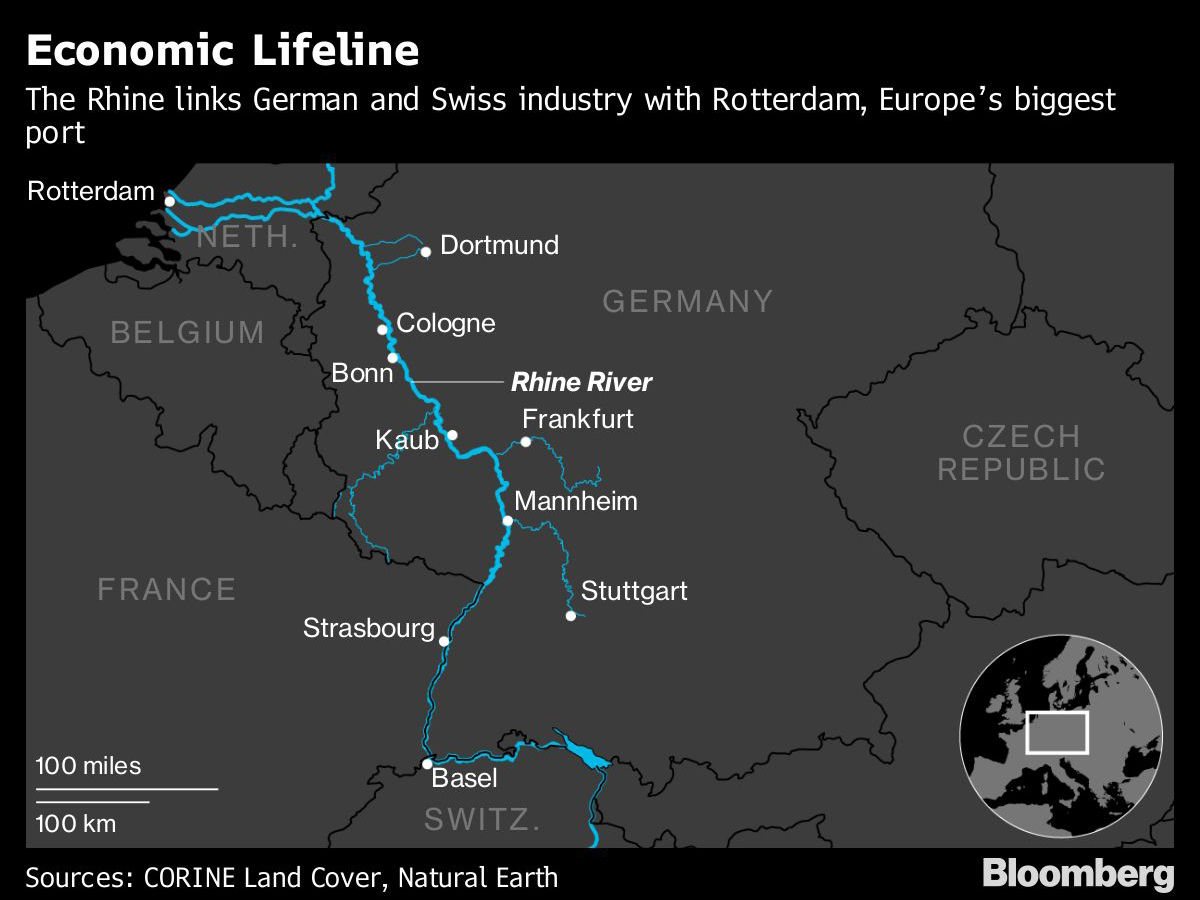 A map showing the course of the Rhine river.