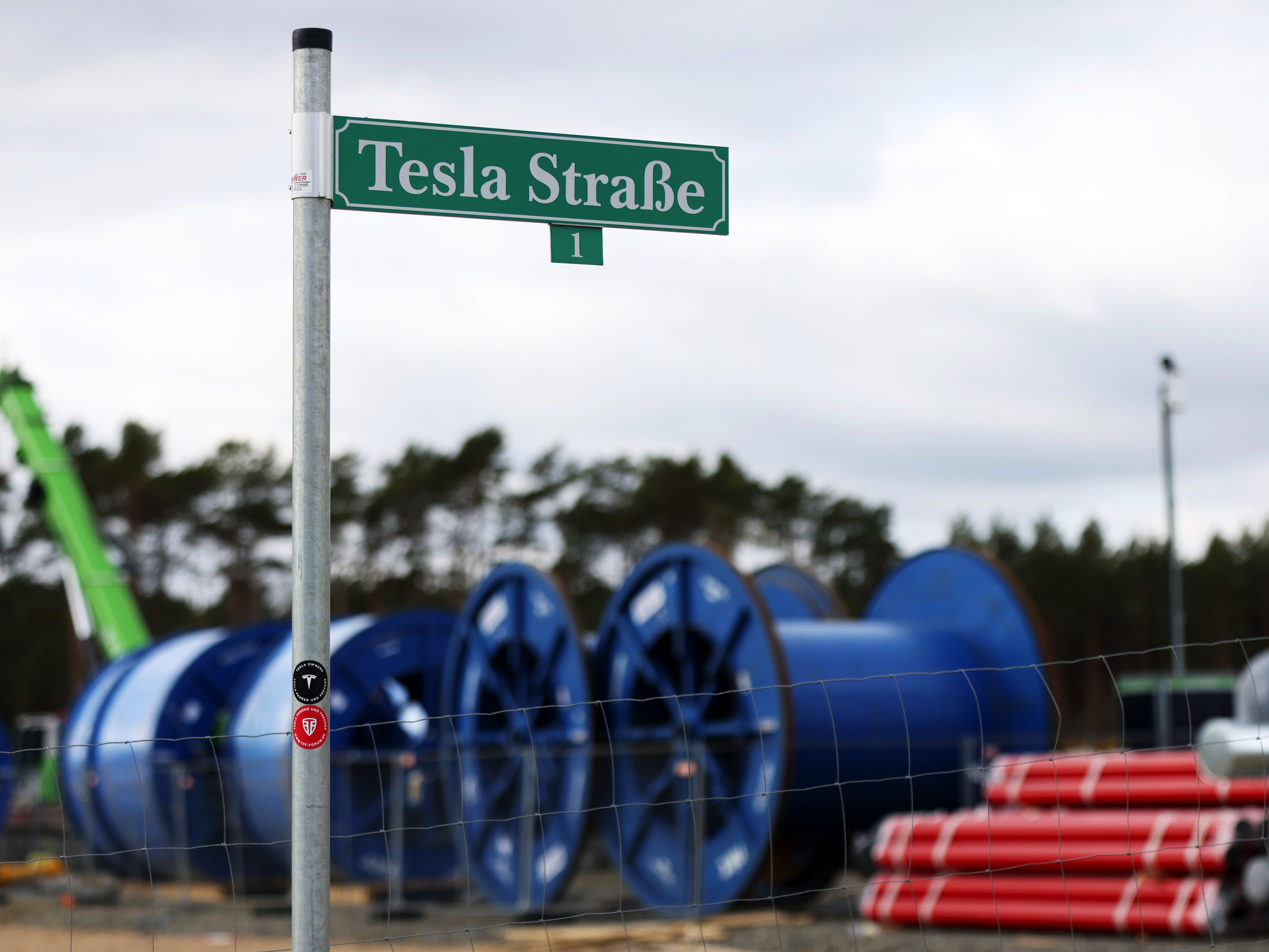 A street sign at the Tesla Inc. gigafactory site in Gruenheide, Germany. Photo: Bloomberg.