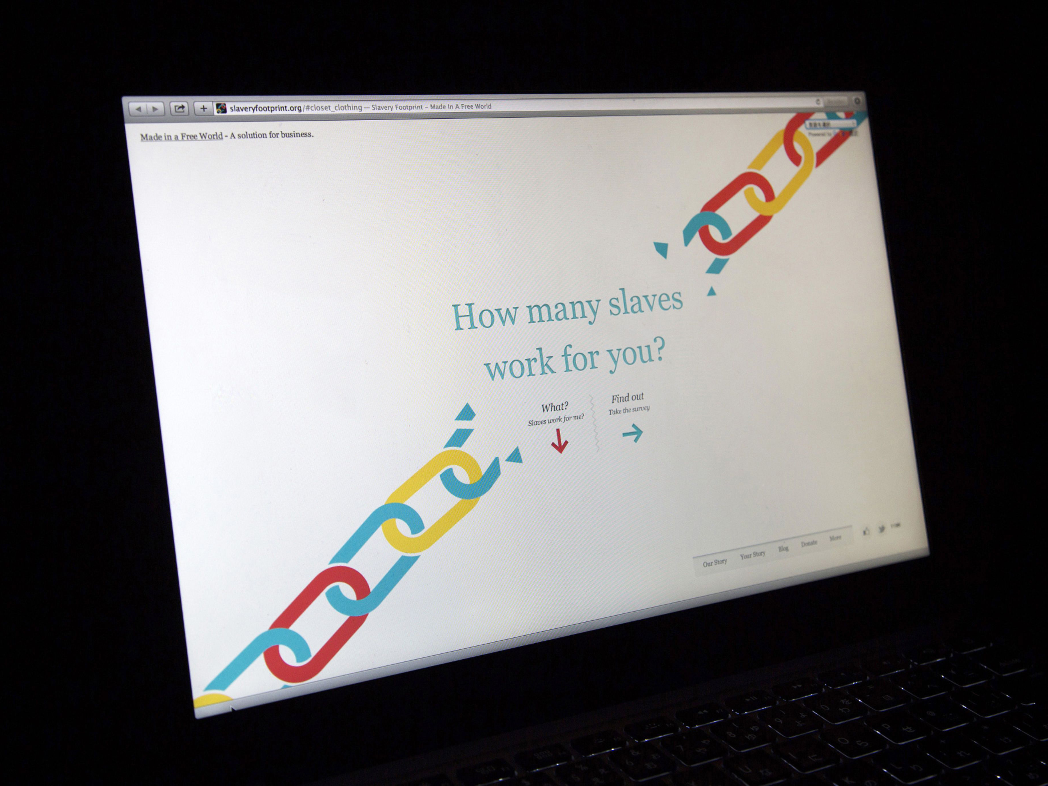 The Slavery Footprint app, created by Made in a Free World, generates estimates of an individual's reliance on slave labor from data on trafficked humans and labor-abuse rates at manufacturers and suppliers. Photo: Bloomberg.