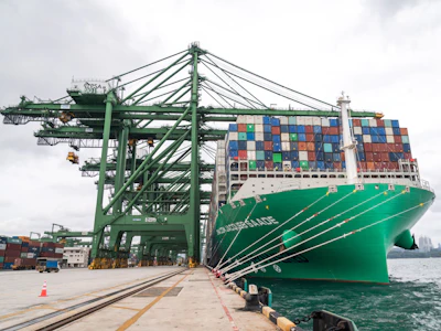 An LNG-powered container ship operated by CMA CGM SA is docked at the Port of Singapore. Photo: Bloomberg.