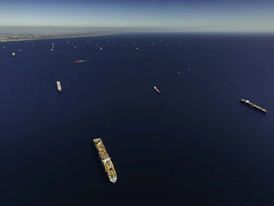 Container ships moored off the Los Angeles and Long Beach ports in Long Beach, California. Photo: Bloomberg.
