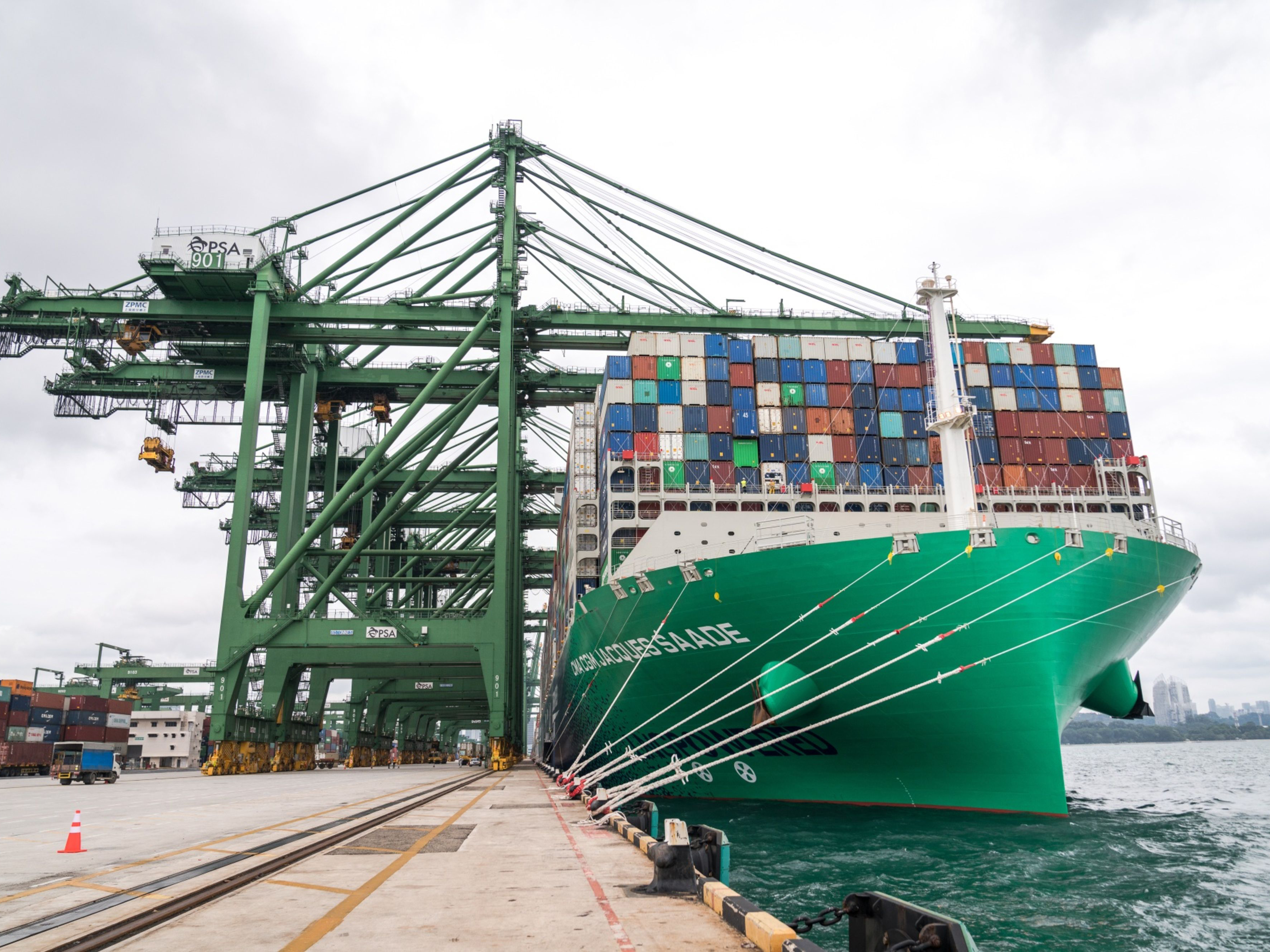 An LNG powered container ship operated by CMA CGM SA is docked at the Port of Singapore. Photo: Bloomberg.
