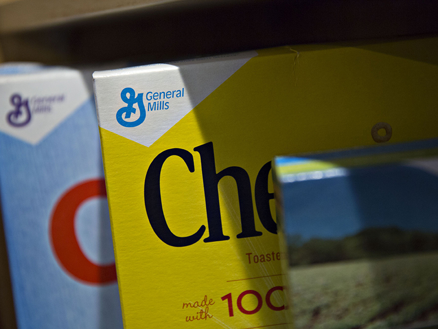 General Mills Inc. logos appear on boxes of Cheerios and Rice Chex brand cereal. Photo: Bloomberg.