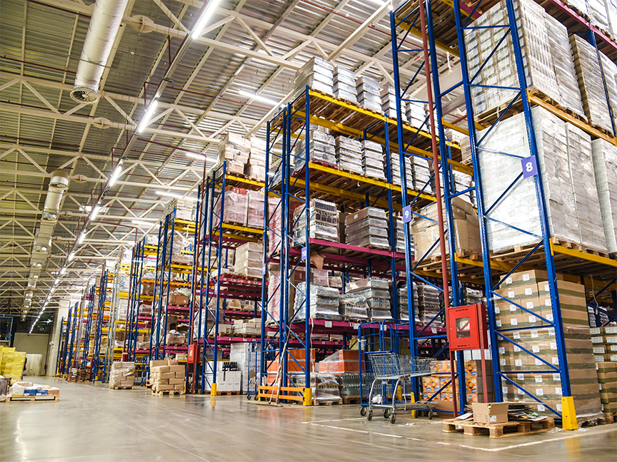Food products are stacked in a warehouse. Photo: Getty.