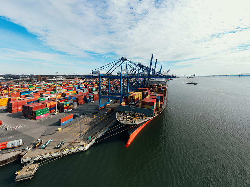 A container ship is berthed at Port of Baltimore. Photo: Pexels.