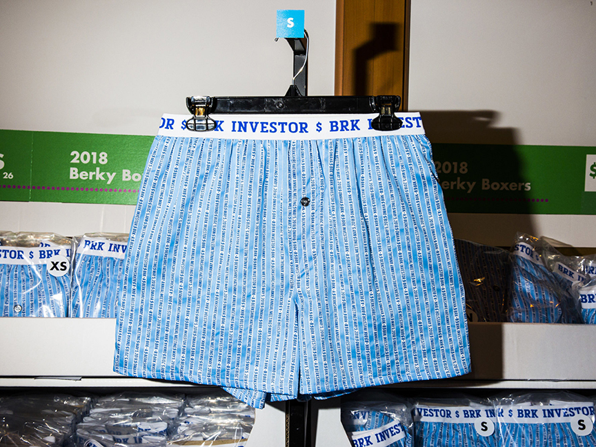 A pair of Fruit of the Loom boxer shorts are displayed at the company's booth during a shareholders shopping day ahead of the Berkshire Hathaway annual meeting. Photo: Bloomberg.