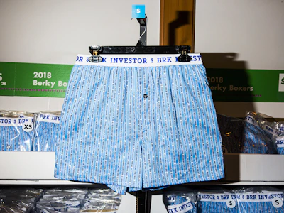 A pair of Fruit of the Loom boxer shorts are displayed at the company's booth during a shareholders shopping day ahead of the Berkshire Hathaway annual meeting. Photo: Bloomberg.