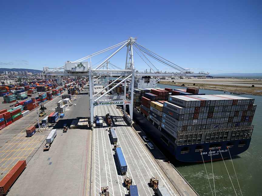 A CMA CGM Group container ship is berthed at the Port of Oakland in Oakland, California. Photo: Port of Oakland.