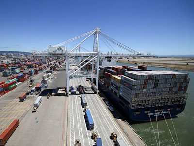 A CMA CGM Group container ship is berthed at the Port of Oakland in Oakland, California. Photo: Port of Oakland.