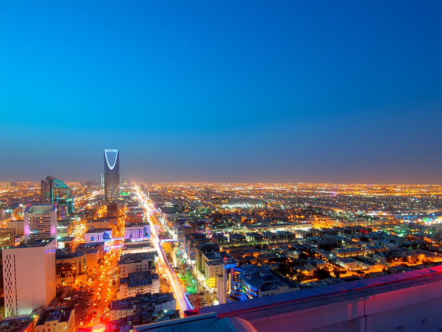 The skyline in Riyadh, Saudi Arabia, is pictured at night. Photo: Getty Images.
