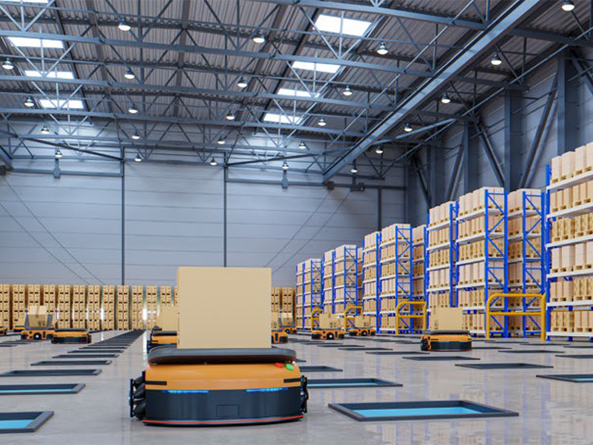 Autonomous robots move through a warehouse. Image: Shutterstock.