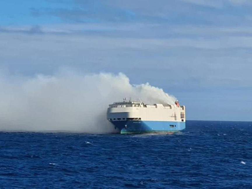 The 650-foot-long Felicity Ace car carrier caught fire and was abandoned off the coast of the Azores. Photo: Marinha Portuguesa.