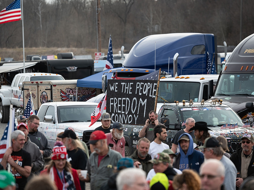Trucks before departing to circle the Washington Beltway during 'The People's Convoy' event in Hagerstown, Maryland, on Monday, March 7, 2022. Photo: Bloomberg.