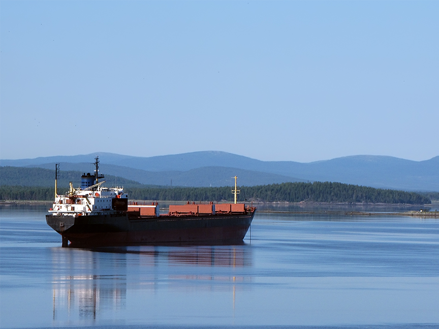 A cargo ship at anchor in Kandalaksha, Russia. Photo: Getty.