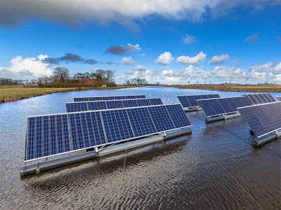 Photovoltaic panels at a floating solar farm. Photo: Getty.