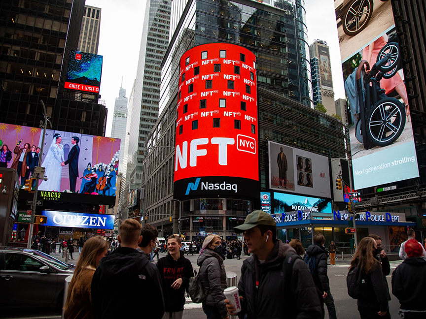 NFT.NYC signage outside the Nasdaq MarketSite during the Annual Non-Fungible Token (NFT) Event in New York on Nov. 2, 2021. Photo: Bloomberg.
