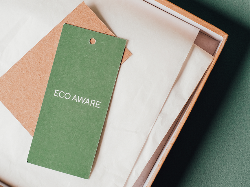 A retail tag reads 'Eco Aware.' Photo: The Valeriia Miller Collection/ Canva.