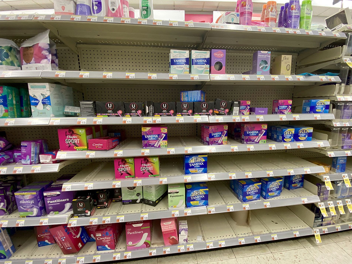 Tampon supply at Walgreens in Queens, New York. Photo: Winston Wolf/ Bloomberg.