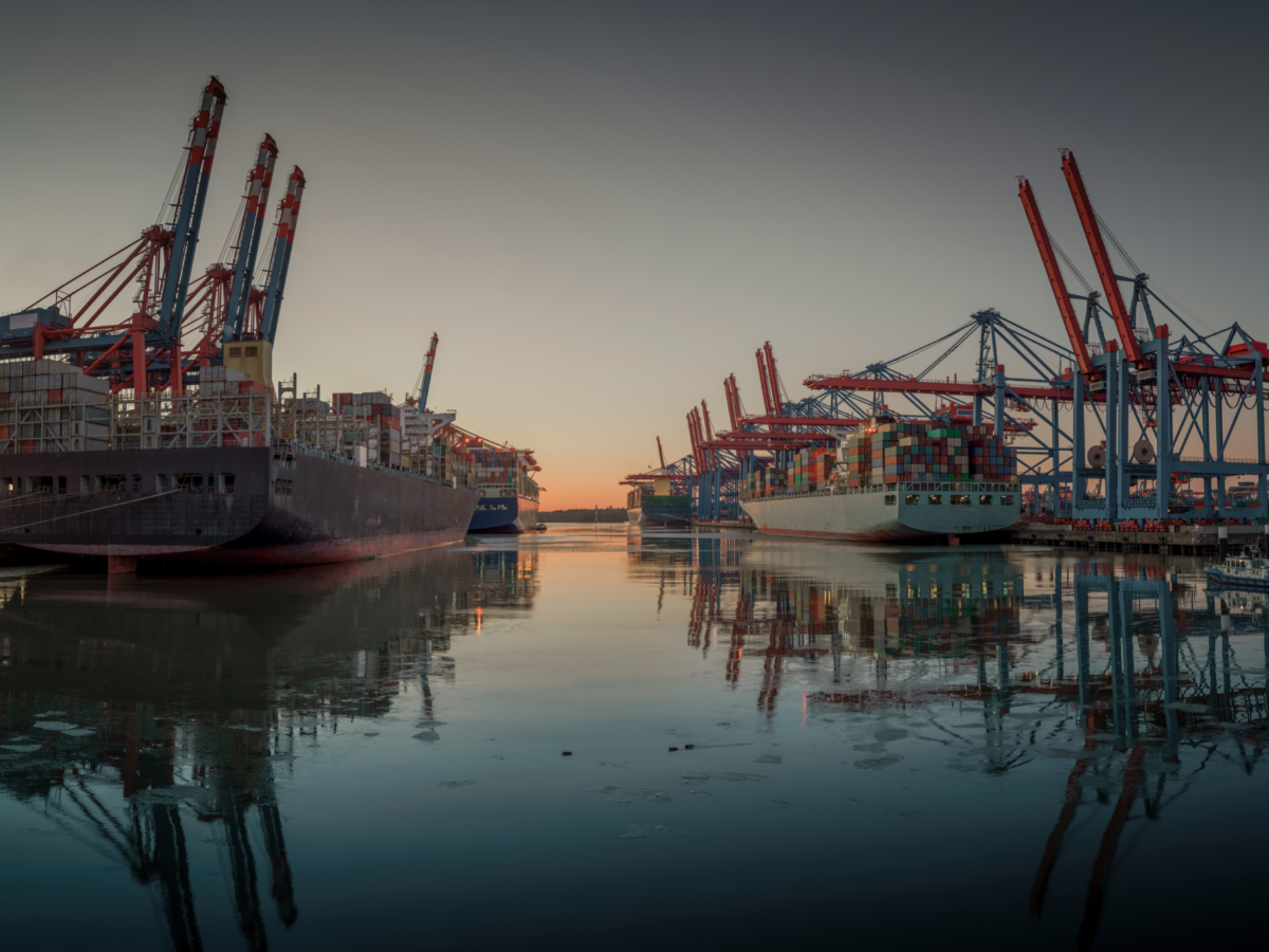 The Port of Hamburg in Hamburg, Germany, at dusk. Photo: Getty.