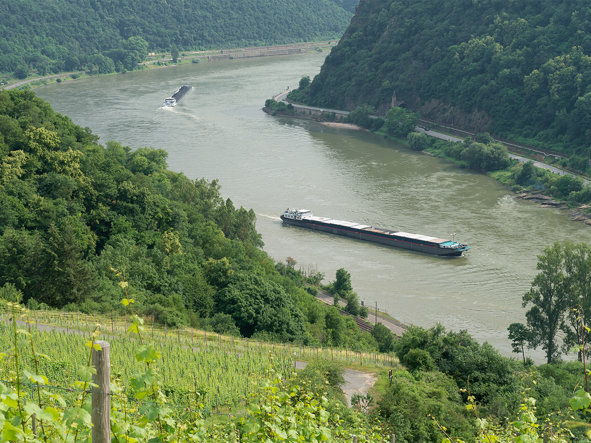 An aerial view of barges on Europe's Rhine river. Photo: Getty.
