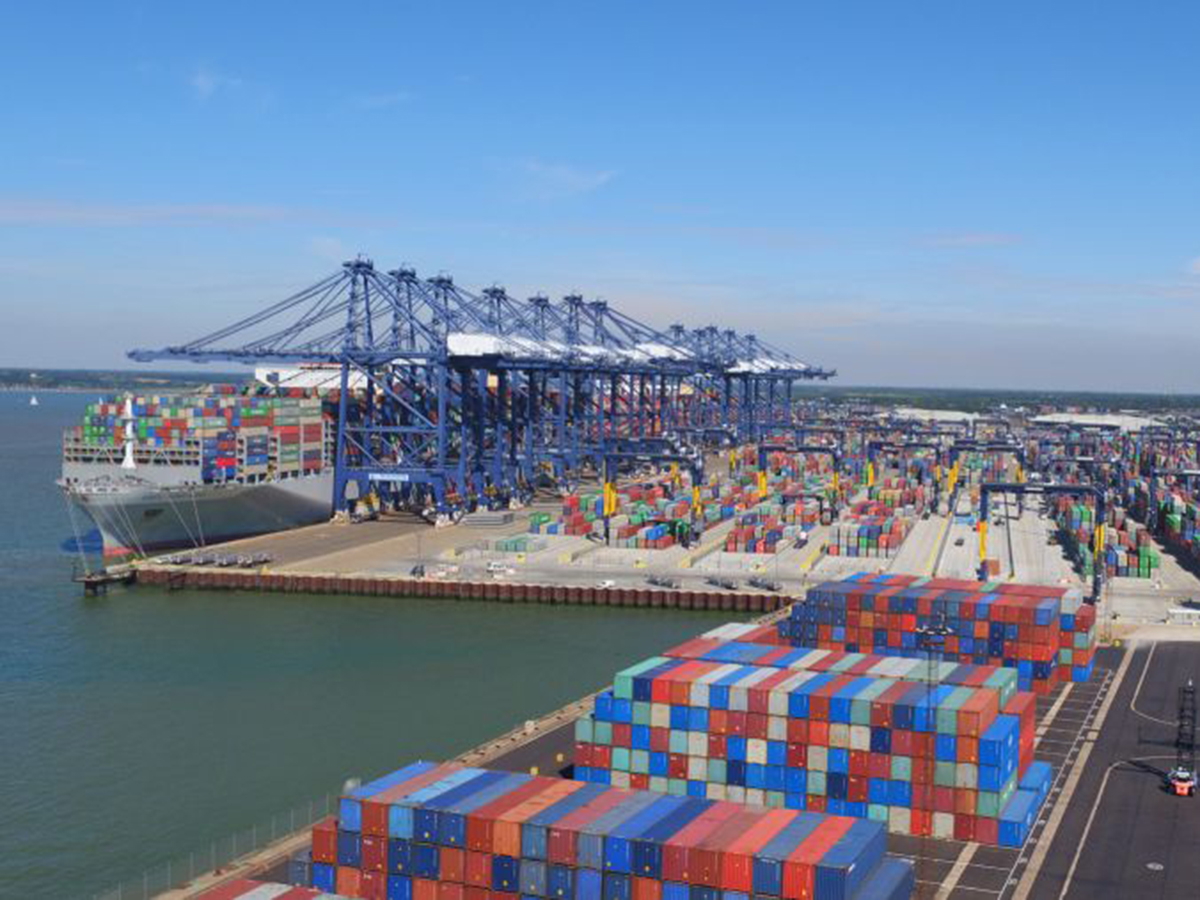 Shipping containers are stacked at the Port of Felixstowe.Photo courtesy of the Port of Felixstowe.