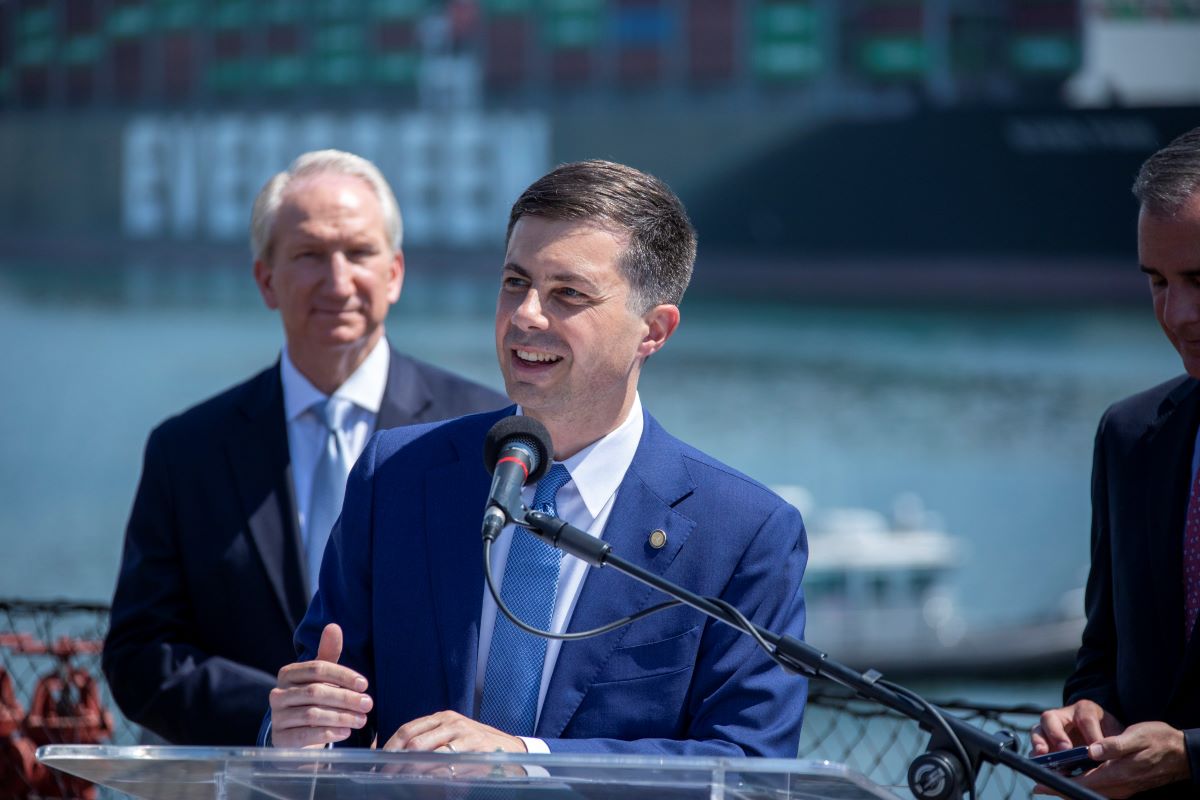Transportation Secretary Pete Buttigieg, with Port of Los Angeles Executive Director, Gene Seroka, announcing the $20 million grant on Sept. 7. Photo: Port of Los Angeles