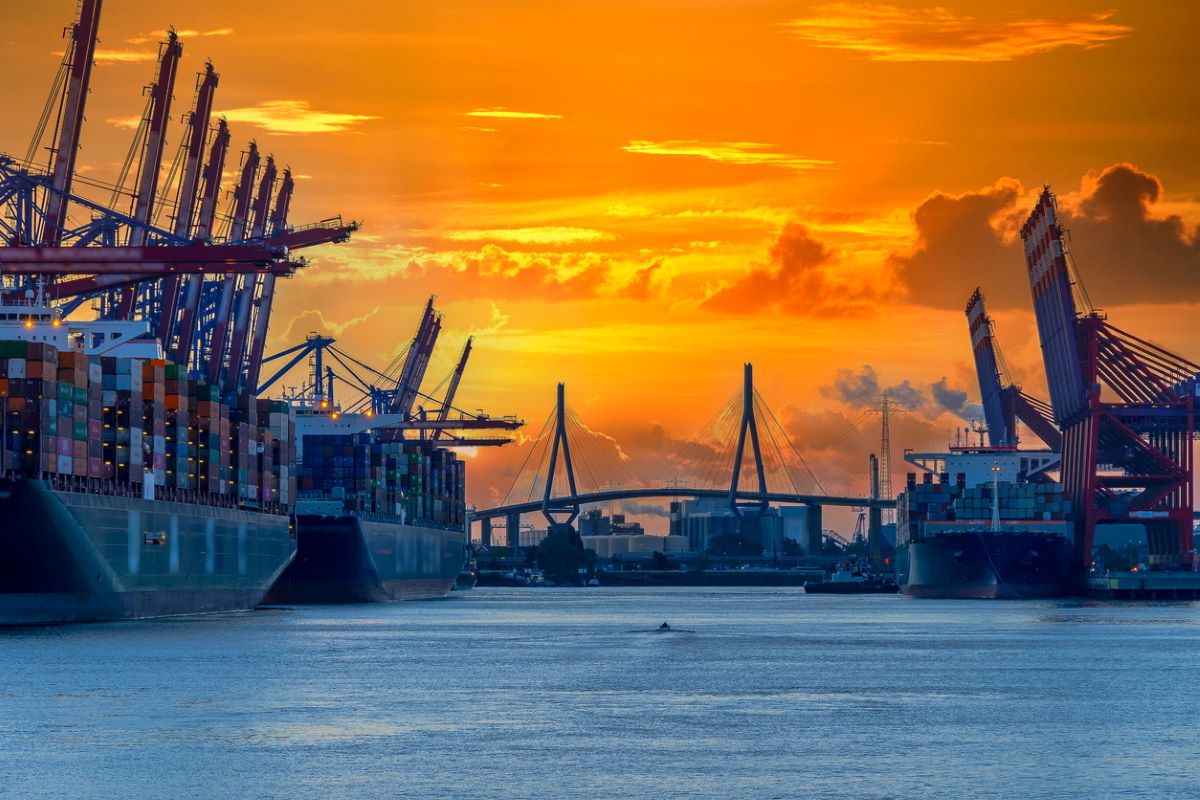 Port Of Hamburg Sunset I Stock 1335489644