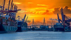 Port Of Hamburg Sunset I Stock 1335489644