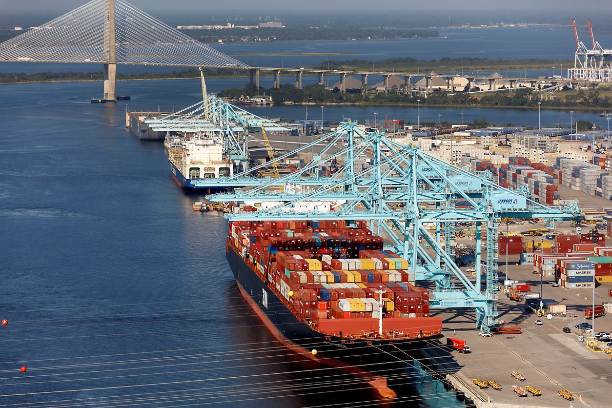 Aerial view of the port of Jaxport on the Si Johns River Jacksonville Florida photograph taken Sept. 2021 Photo: iStock.com/6381380