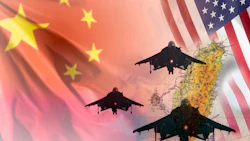 China and taiwan tensions and war concept. Fighter aircraft silhouettes over a blurred map of taiwan with Chinese and USA flags on the background.