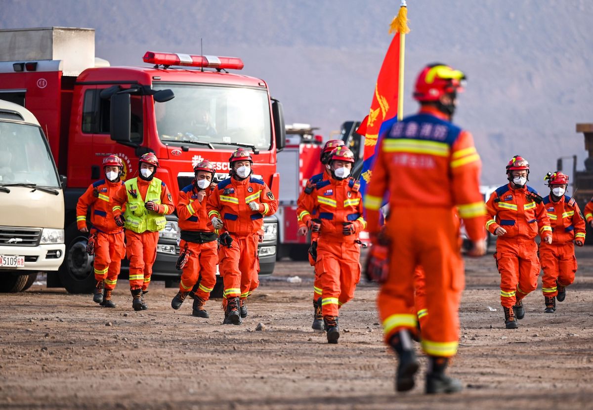 Rescue workers at the site of collapsed coal mine in Alxa League, Inner Mongolia Autonomous Region.