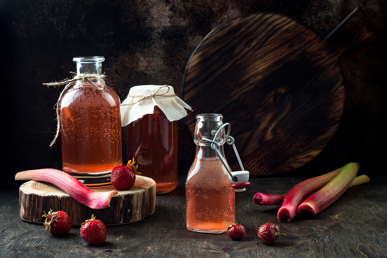 Fermented strawberry and rhubarb kombucha.