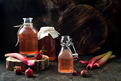 Fermented strawberry and rhubarb kombucha.