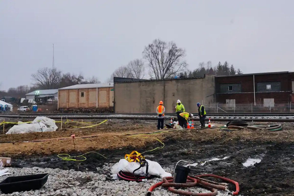 The scene of the Feb. 3, 2023, train derailment in East Palestine in Ohio. Photo: Bloomberg