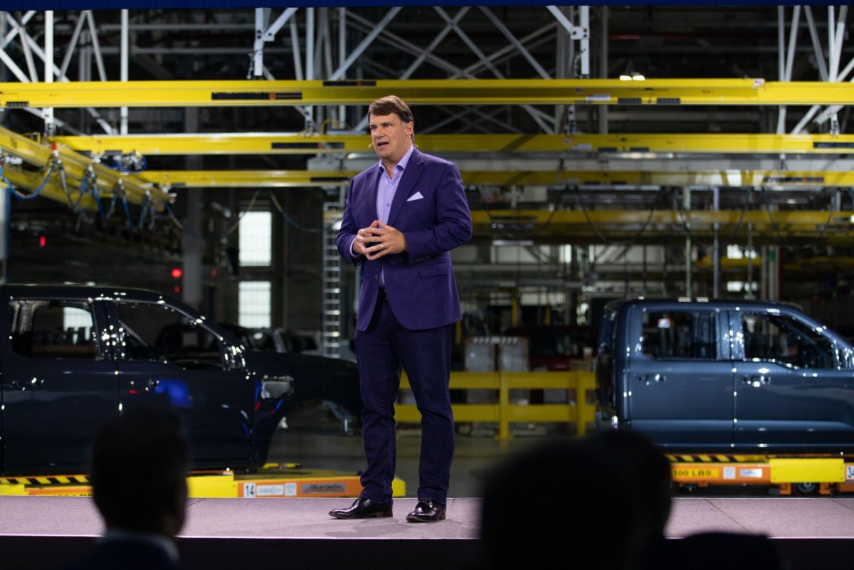 Jim Farley speaks during a launch event for the 2022 Ford F-150 Lightning all-electric truck. Photo: Bloomberg